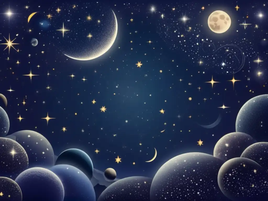 Una impresionante imagen de la noche estrellada, con la luna en primer plano y constelaciones, galaxias y nebulosas brillantes