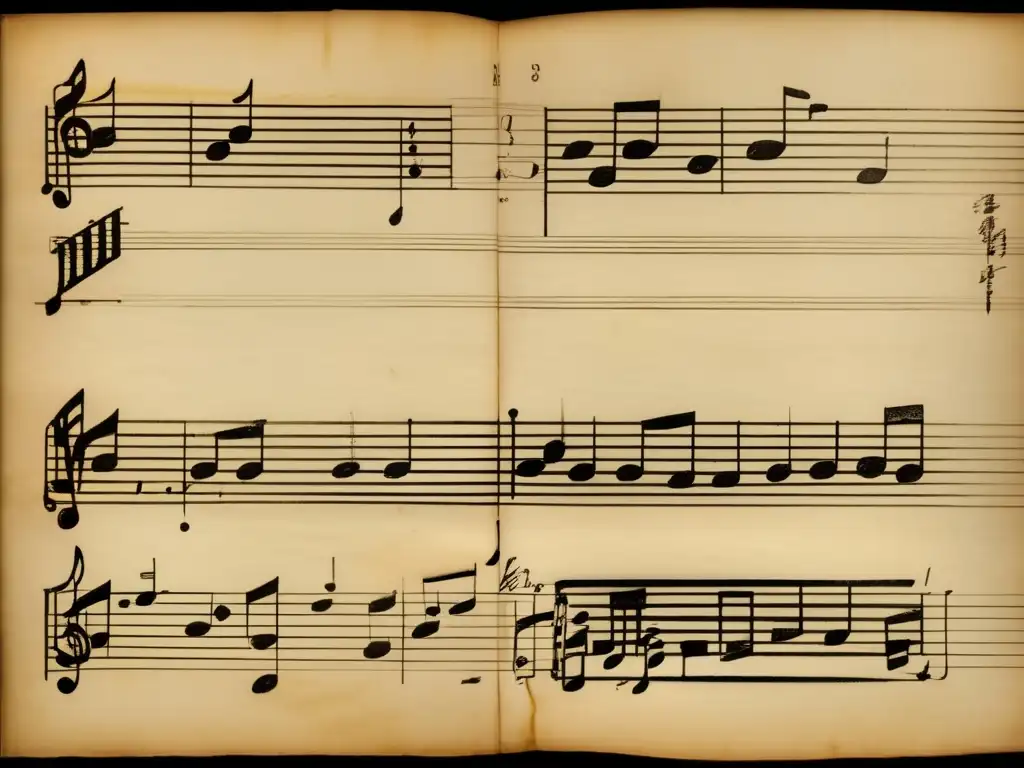 Una impresionante imagen de la partitura manuscrita de Tchaikovsky para la 'Sinfonía de la Pasión Rusa', con notas intrincadas y marcas dinámicas en papel pergamino envejecido