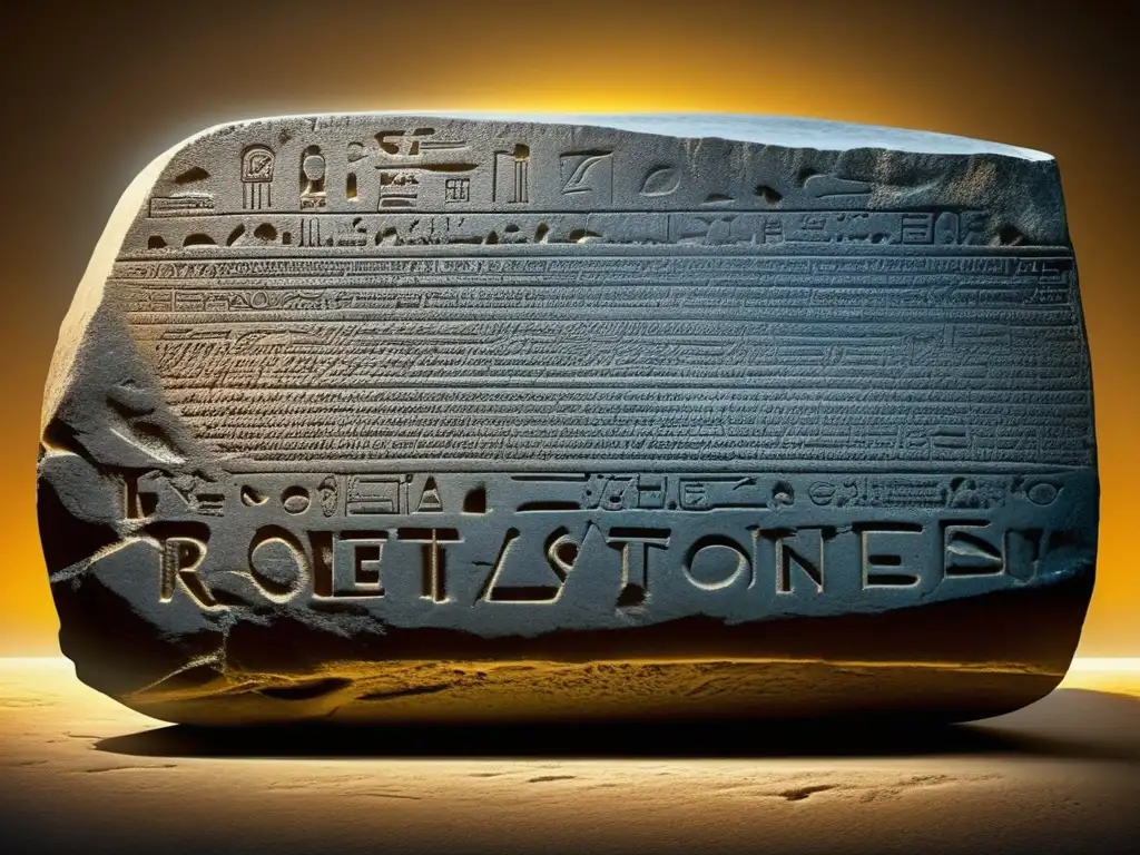 Una impresionante imagen de la Piedra de Rosetta, con detalles intrincados de inscripciones antiguas y la textura desgastada