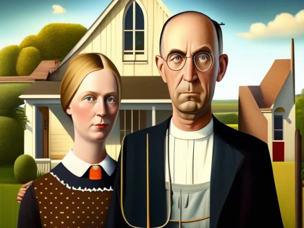 Una impresionante imagen en 8k de la pintura 'American Gothic' de Grant Wood, capturando el realismo mágico de la icónica obra