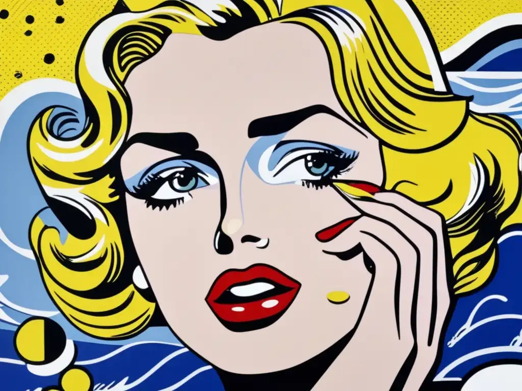 Una impresionante imagen en primer plano de la icónica pintura 'Drowning Girl' de Roy Lichtenstein, destacando los detalles intrincados de los puntos BenDay, las líneas audaces y los colores vibrantes que definen su estilo pop art