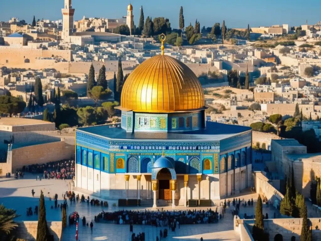 Esplendor dorado: La Cúpula de la Roca en Jerusalén Una impresionante imagen de la Cúpula de la Roca en Jerusalén, con sus patrones geométricos y azulejos azules vibrantes, resplandeciendo bajo el sol