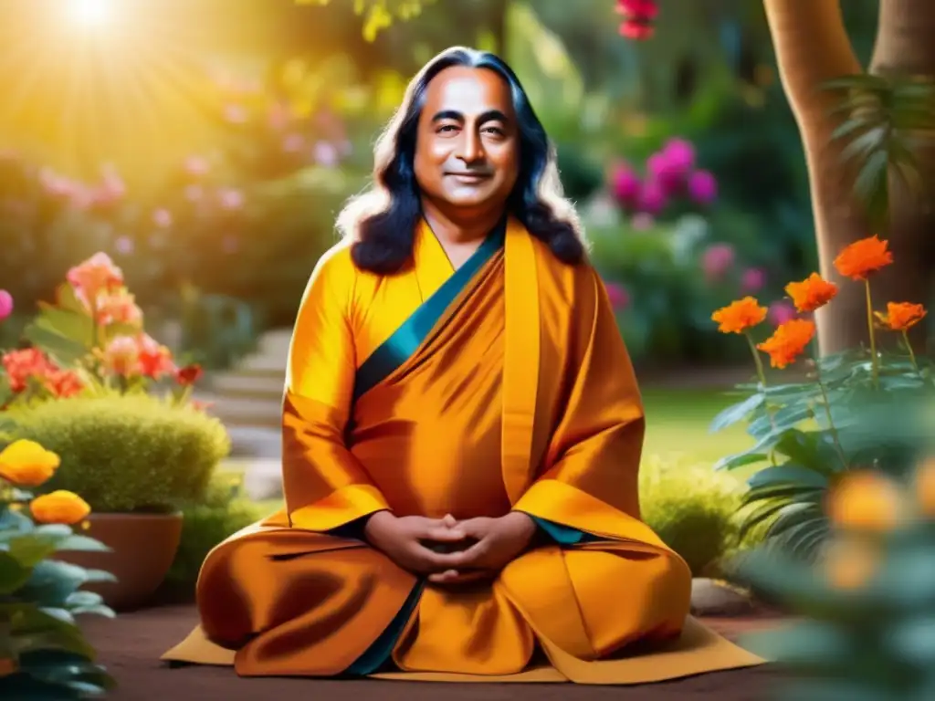 Una impresionante imagen en 8k de Paramahansa Yogananda en meditación, rodeado de un exuberante jardín