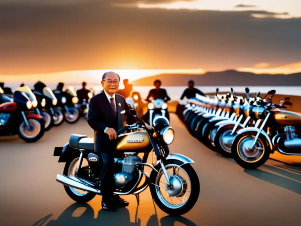 Una impresionante imagen en 8k de Soichiro Honda frente a sus icónicas motocicletas Honda al atardecer