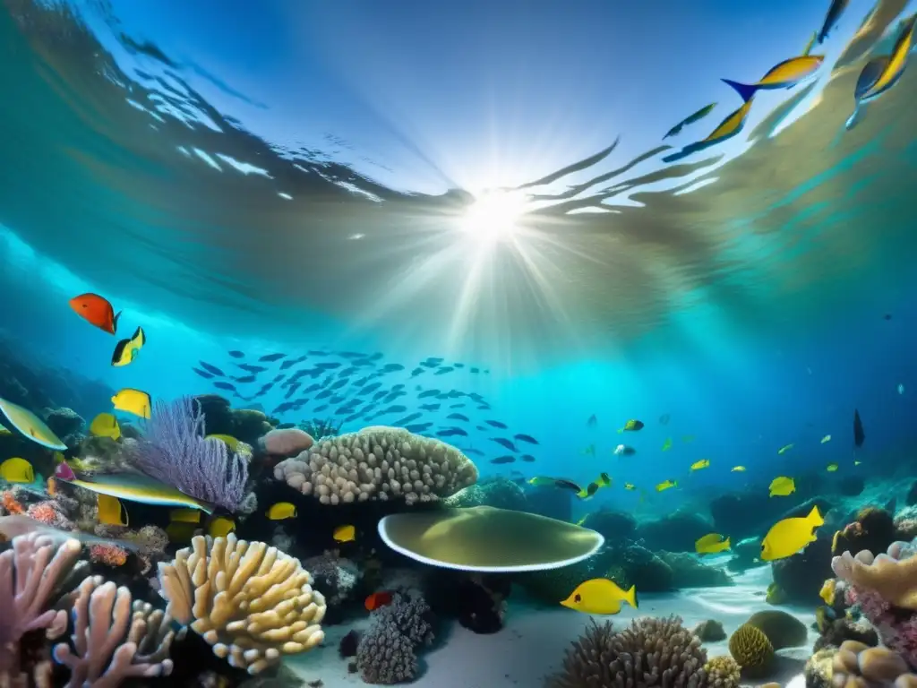 Una impresionante imagen submarina muestra un vibrante arrecife de coral repleto de peces y vida marina
