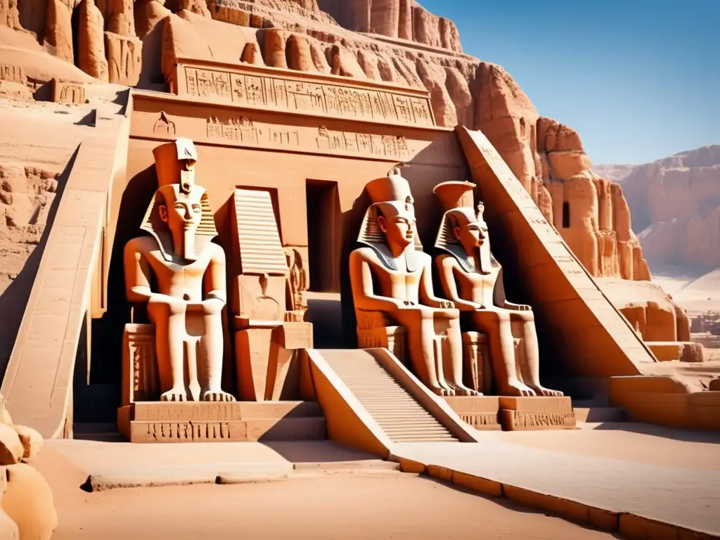 Una impresionante imagen 8k del Templo Funerario de Hatshepsut en Deir el-Bahari, mostrando sus terrazas, columnas y estatuas de la faraona, con el fondo de acantilados y cielo azul de Egipto