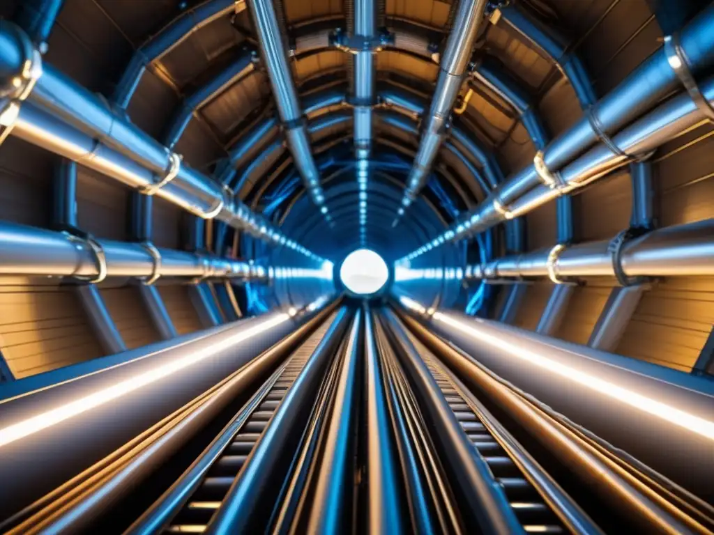 Una impresionante imagen en ultradefinición del Gran Colisionador de Hadrones (LHC) en el CERN, con su intrincada red de tuberías y cables metálicos, su escala colosal y la interacción de luz y sombra