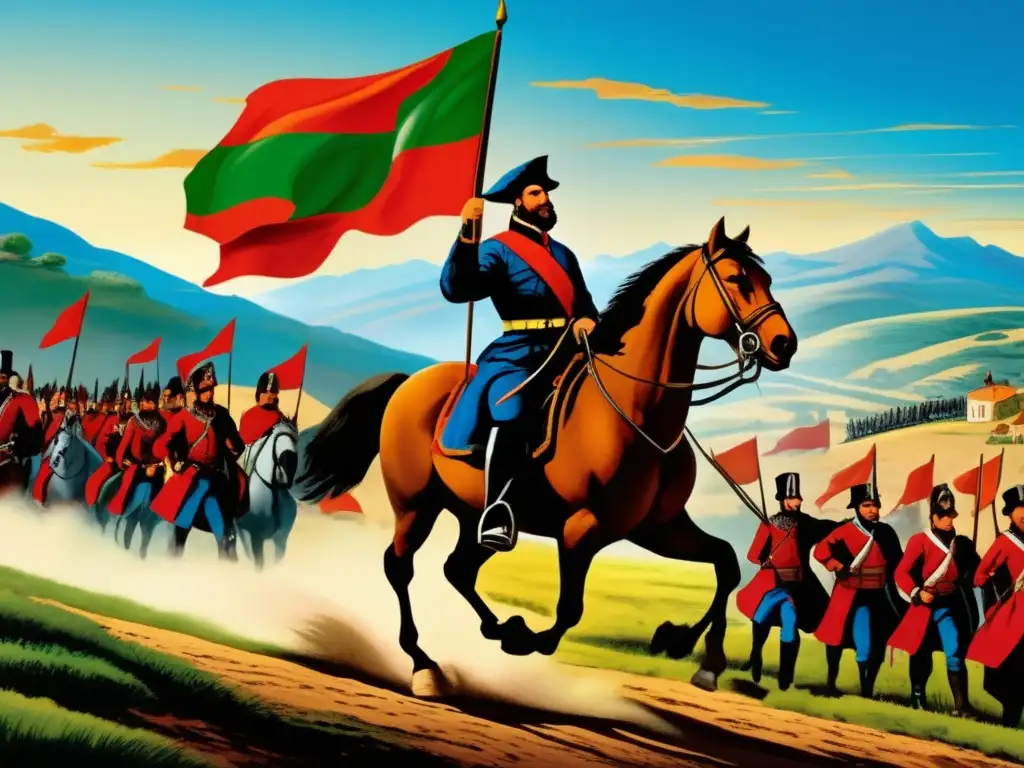 Una impresionante imagen ultradetallada de Giuseppe Garibaldi liderando una carga a caballo, con la bandera italiana ondeando triunfante detrás de él