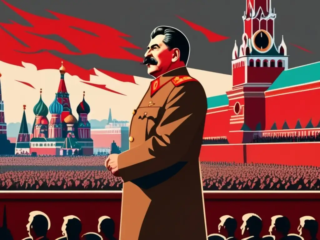 Una impresionante imagen ultradetallada en 8k de José Stalin hablando a una multitud en la Plaza Roja, con el imponente Kremlin de fondo