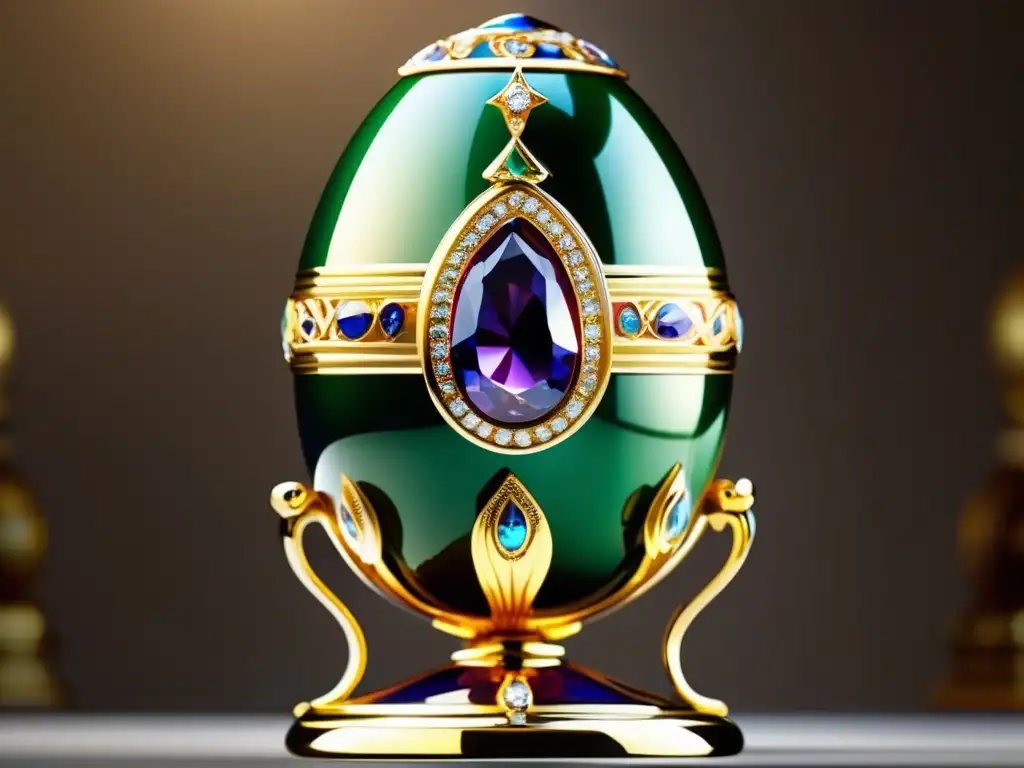 Una impresionante joya Fabergé en un pedestal moderno bajo suave iluminación