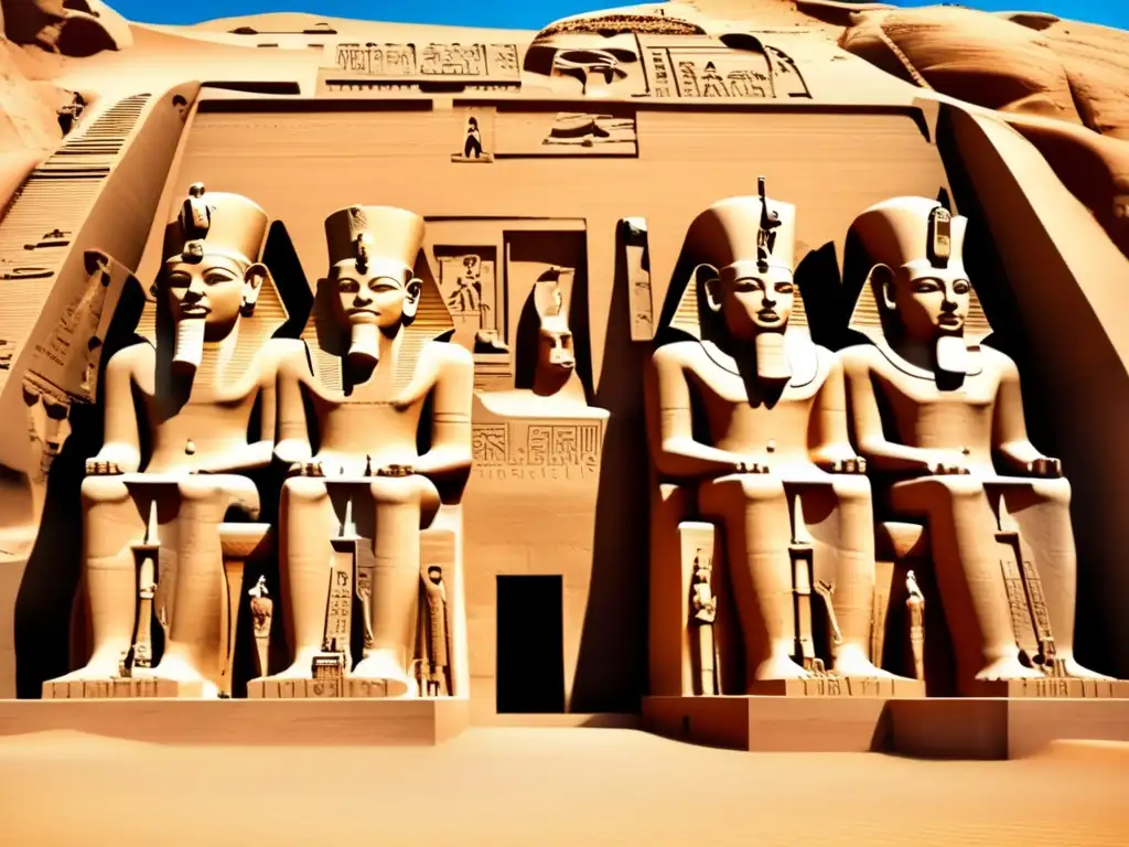 Alt: 'Impresionante representación moderna del templo de Abu Simbel con las colosales estatuas de Ramsés II, faraón guerrero de Egipto'