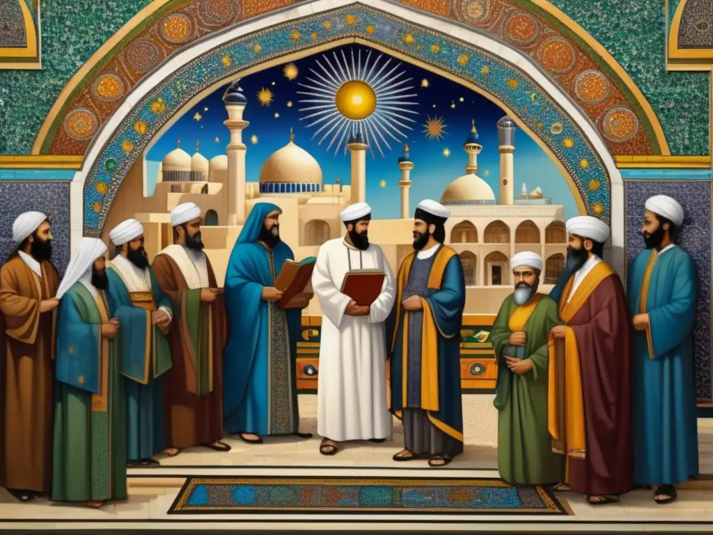Un impresionante mosaico del Califa AlMa'mun y eruditos en la Casa de la Sabiduría, con patrones geométricos y colores vibrantes, destacando el legado cultural e intelectual del Renacimiento Islámico