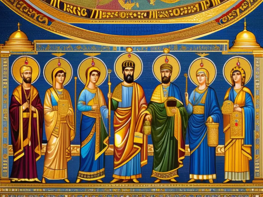 Un impresionante mosaico de los emperadores y emperatrices bizantinos, con detalles exquisitos y colores vibrantes
