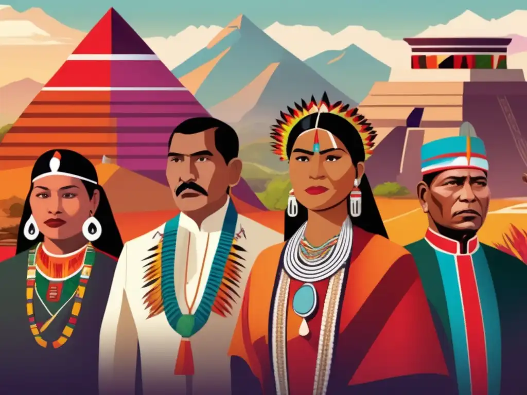 Líderes indígenas: Legado y poder ancestral - Un impresionante mural digital muestra líderes indígenas poderosos a lo largo de las dinastías, rodeados de símbolos y paisajes majestuosos