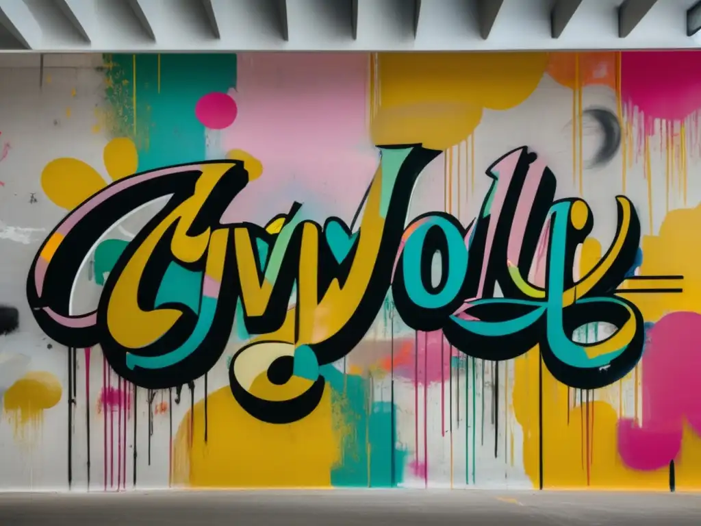 Un impresionante mural de graffiti de gran escala que fusiona el estilo abstracto expresionista de Cy Twombly con figuras y símbolos mitológicos