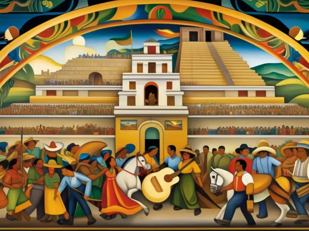 Un impresionante mural de Diego Rivera que captura la historia de México con colores vibrantes y detalles intrincados, reflejando el espíritu revolucionario del pueblo