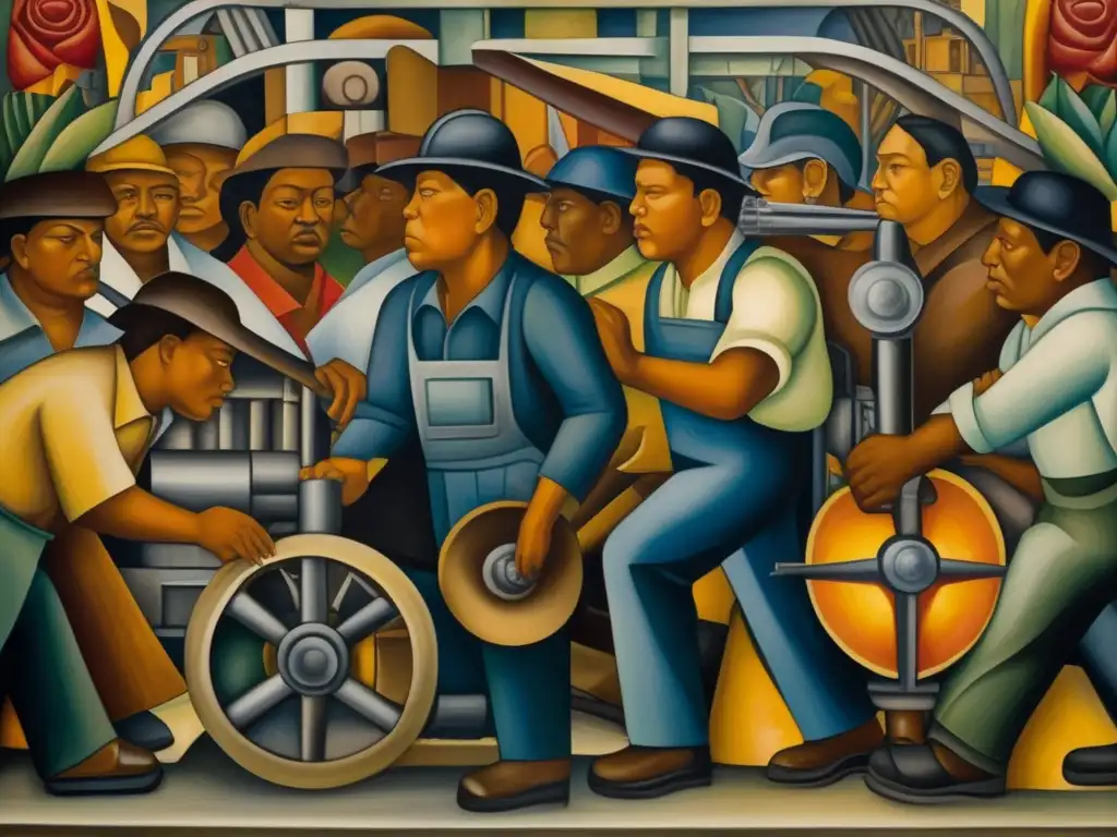 Un impresionante mural de Diego Rivera que combina maquinaria industrial, trabajo humano y lucha social en colores vivos y pinceladas audaces