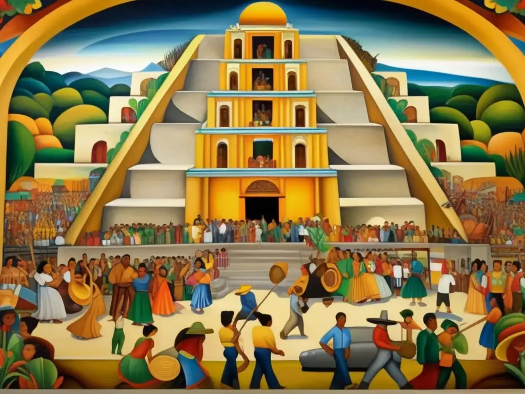 Un impresionante mural de Diego Rivera que representa la rica historia y cultura de México, con colores vibrantes y figuras monumentales que capturan la esencia del arte de Rivera y el espíritu de México