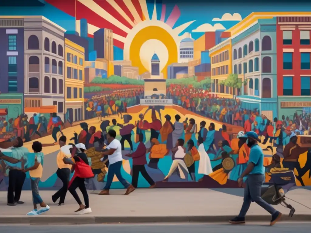 Un impresionante mural urbano que representa la resistencia social y política, con colores vibrantes y figuras dinámicas