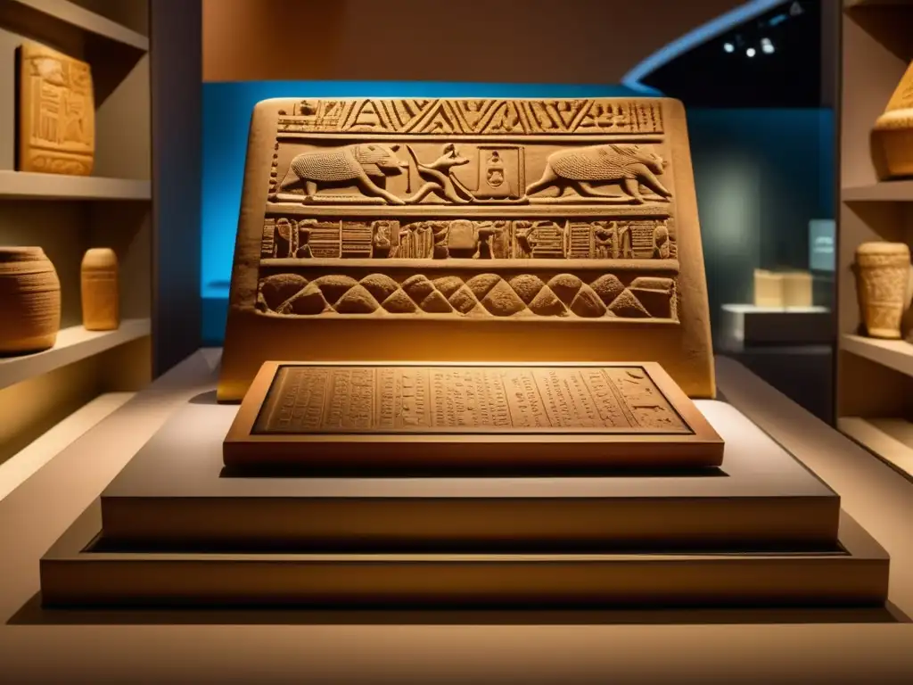 Un impresionante museo exhibe artefactos mesopotámicos, destacando una tableta de arcilla con escenas de la epopeya de Gilgamesh