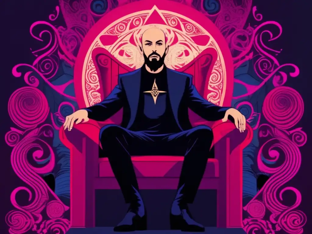 Trono oscuro: LaVey, fundador de la Iglesia de Satanás Una impresionante obra de arte digital que representa a Anton LaVey en un trono, rodeado de energías oscuras y simbología oculta