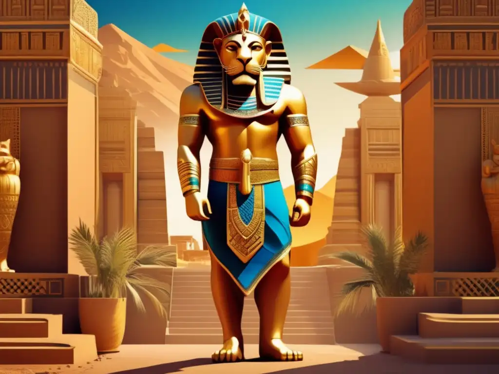 Una impresionante obra de arte digital moderna que representa a Gilgamesh, el legendario rey, con arquitectura mesopotámica antigua de fondo