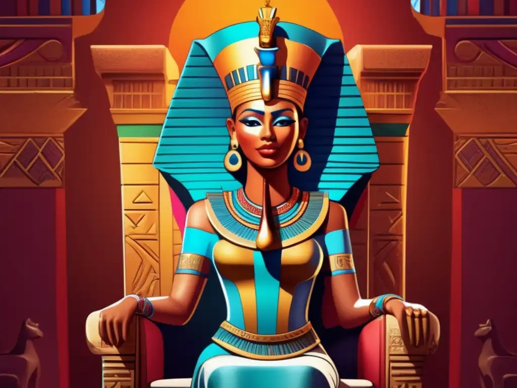 Una impresionante obra de arte digital moderna de la Reina Hatshepsut sentada en su trono, con un tocado real y un cetro, rodeada de intrincados patrones y símbolos jeroglíficos