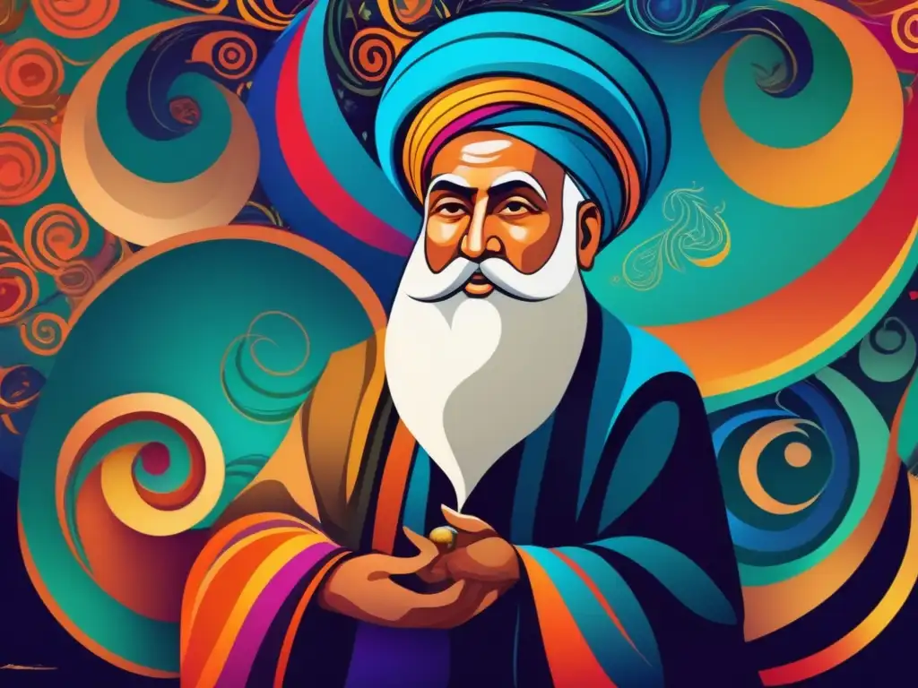 Una impresionante obra de arte digital moderna que representa a Rumi, el poeta sufí, rodeado de patrones giratorios y colores vibrantes