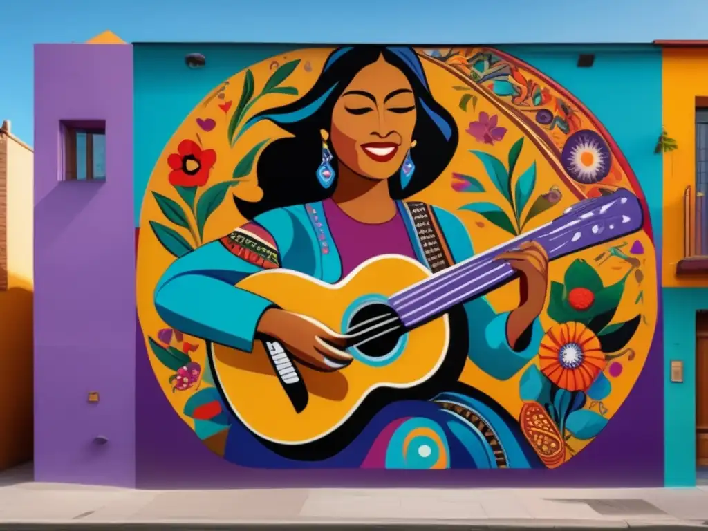 Una impresionante obra de arte urbano de Violeta Parra tocando su guitarra en medio de colores vibrantes y símbolos folclóricos chilenos