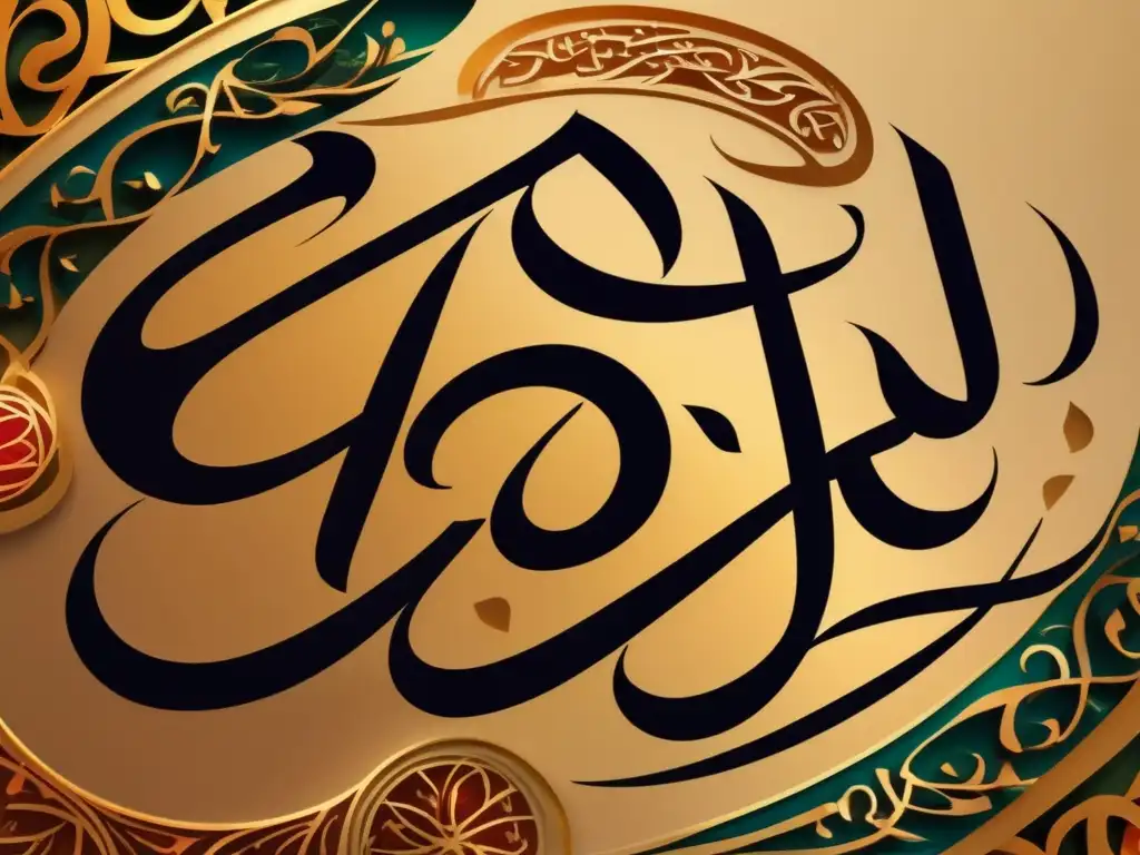 Una impresionante obra de caligrafía islámica con detalles intrincados y colores vibrantes