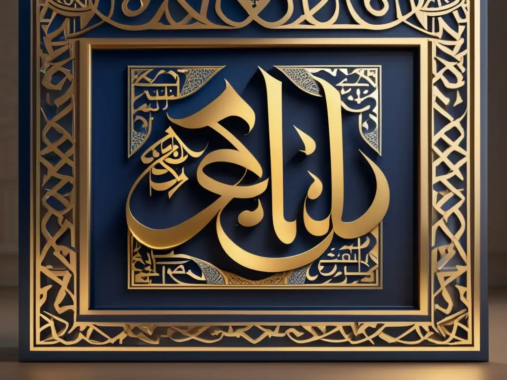 Una impresionante obra de caligrafía islámica de Ibn Muqla, con patrones geométricos y escritura árabe en tonos dorados y azules