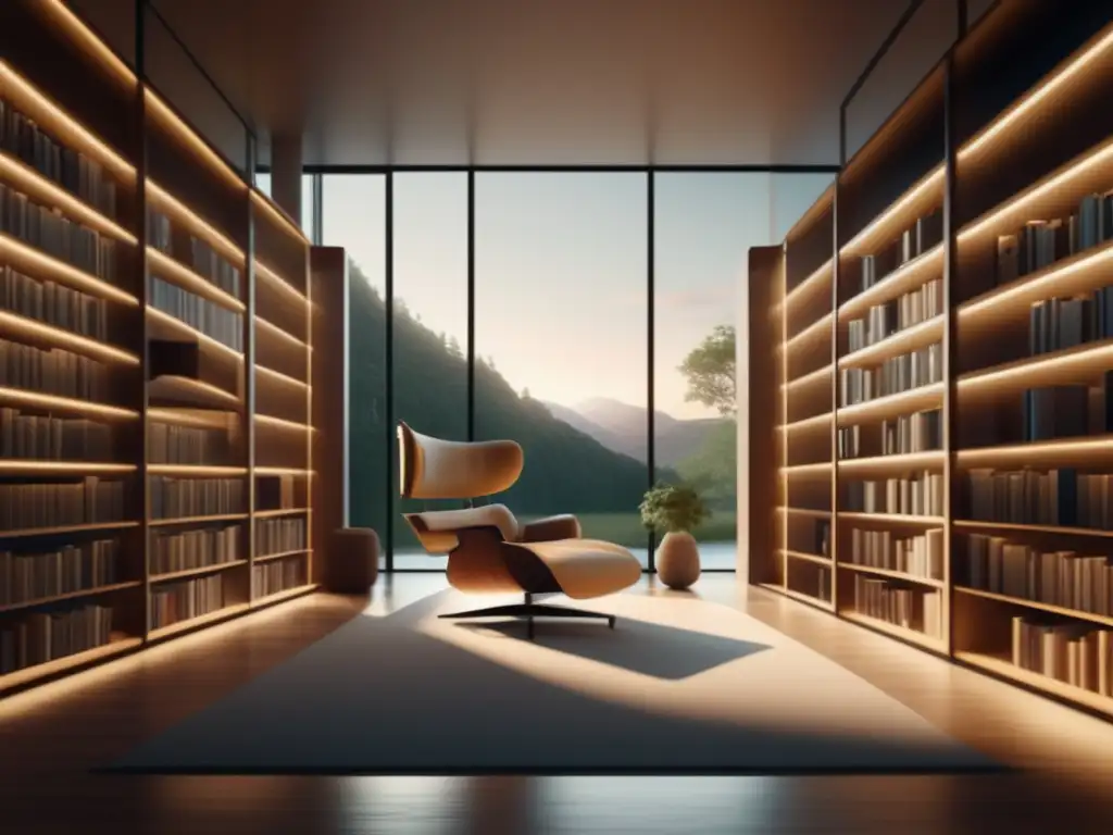 Un impresionante paisaje bibliotecario minimalista con vistas a la naturaleza, iluminado por una suave luz natural