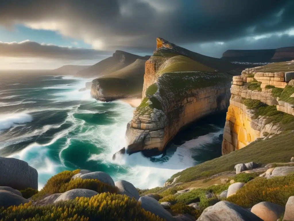 Un impresionante paisaje costero en el Cabo de Buena Esperanza, con olas rompiendo contra los acantilados y un cielo nublado