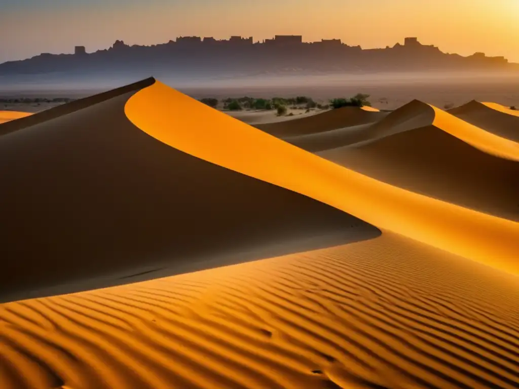 Un impresionante paisaje del desierto de la Península Arábiga, con dunas, cielo azul y la silueta de una fortaleza árabe