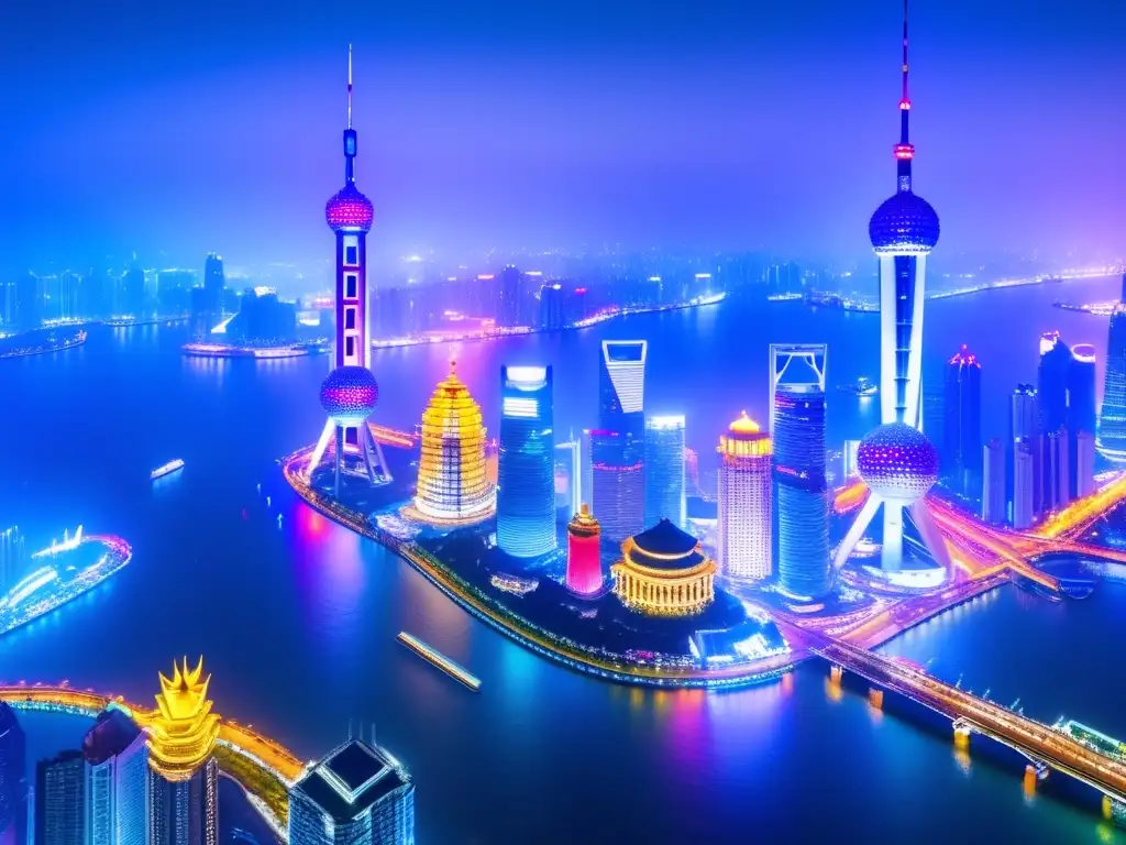 Un impresionante paisaje nocturno de Shanghai, con sus rascacielos iluminados por luces LED, reflejándose en el río Huangpu