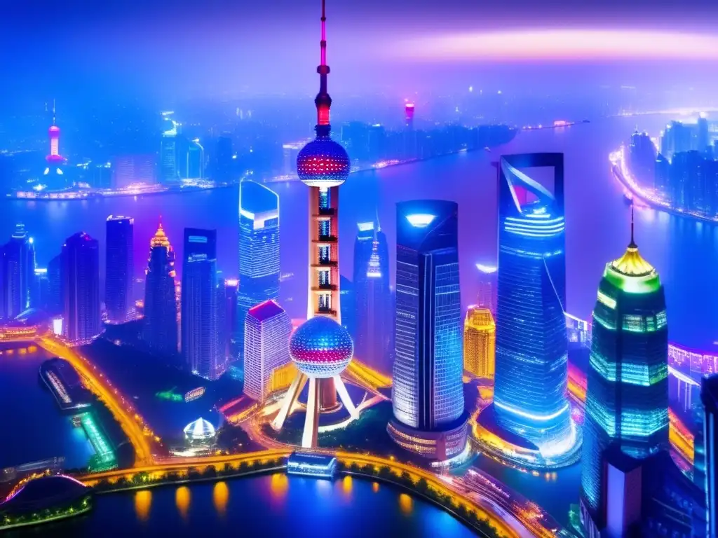 Una impresionante panorámica nocturna de Shanghai, con la Torre Perla Oriental y otros rascacielos iluminados