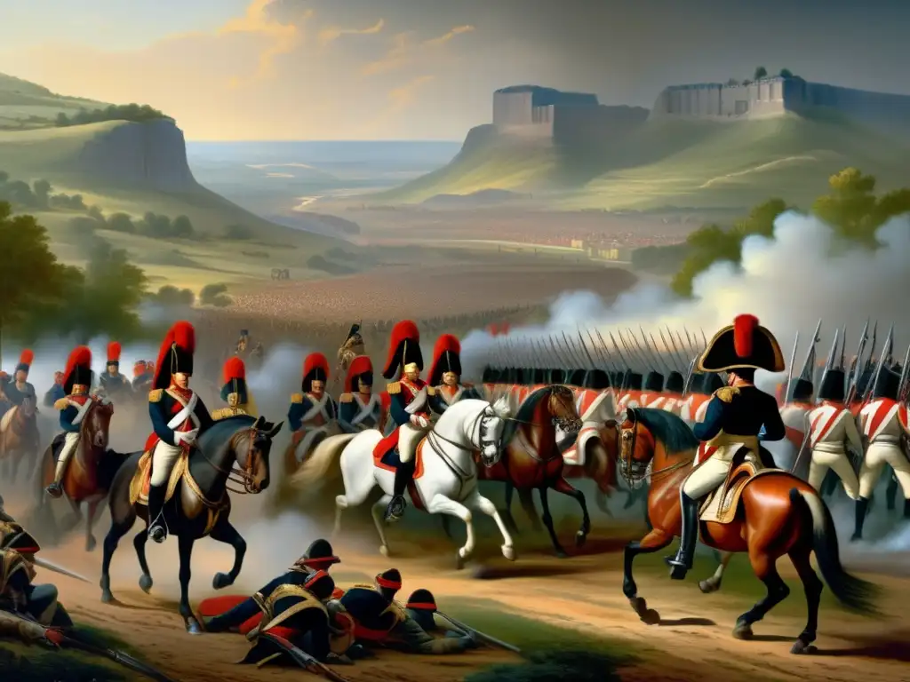 Una impresionante pintura detallada y realista de Napoleón Bonaparte liderando a sus tropas en la batalla, con iluminación dramática y movimiento