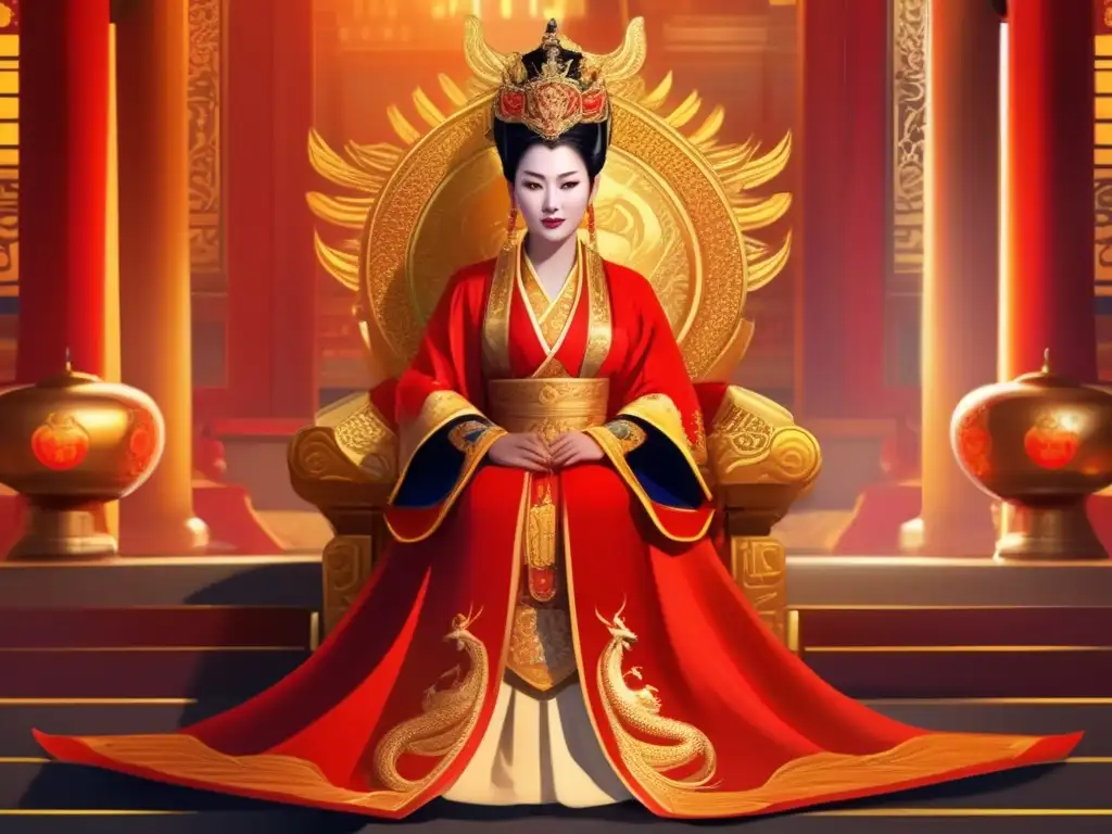 Una impresionante pintura digital de la Emperatriz Wu Zetian en su trono imperial, rodeada de opulencia y majestuosidad en la China Imperial