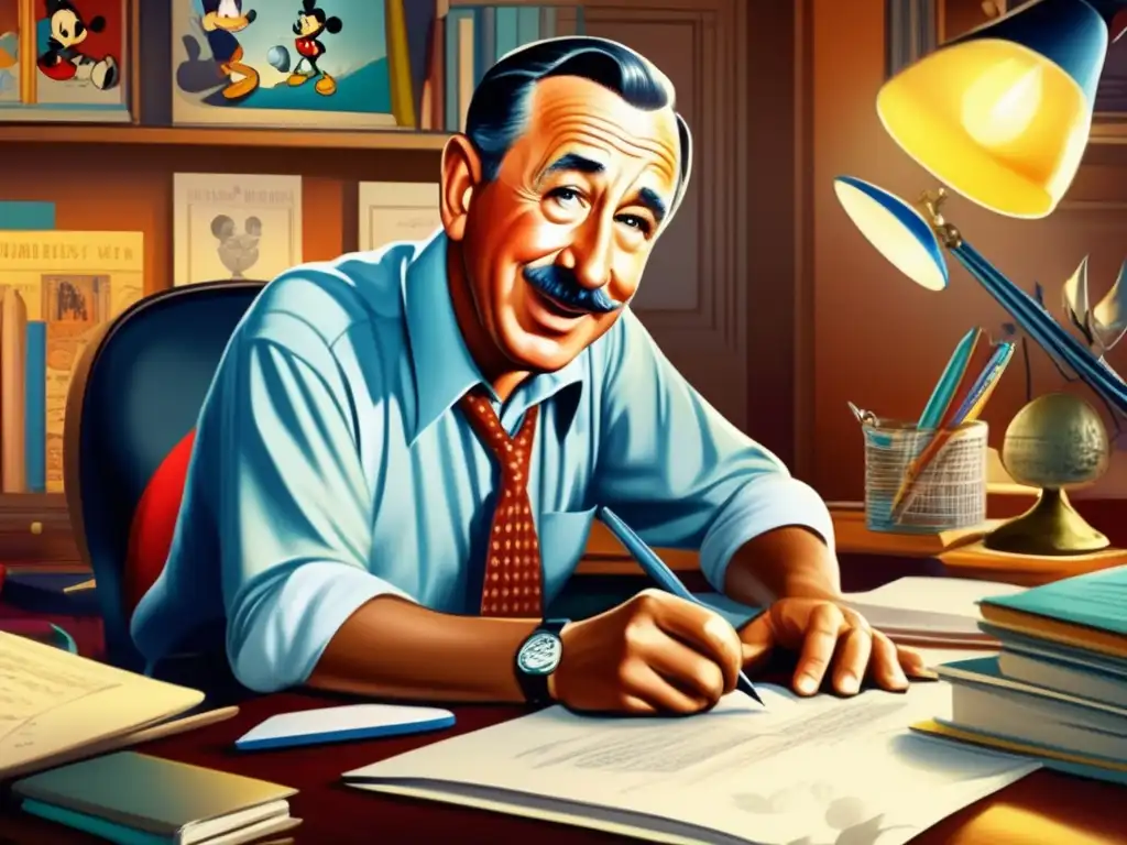 Una impresionante pintura digital de Walt Disney trabajando en su escritorio rodeado de bocetos de sus personajes icónicos