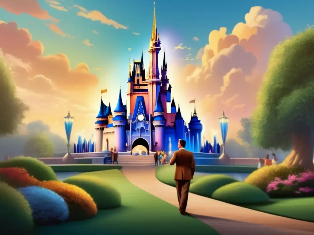 Una impresionante pintura digital de Walt Disney frente al Castillo de Cenicienta en Disney World, detallada y llena de vida