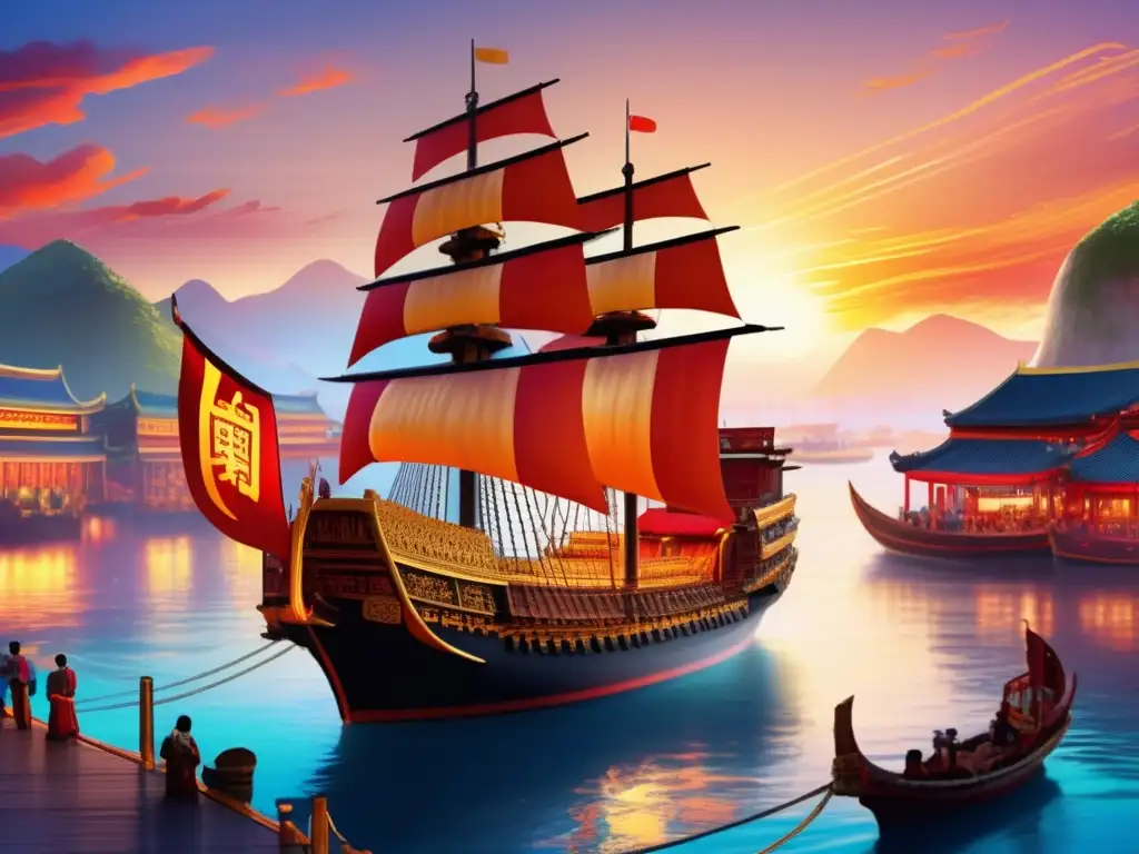 Una impresionante pintura digital 8k del gigantesco barco del tesoro de Zheng He, en un bullicioso puerto