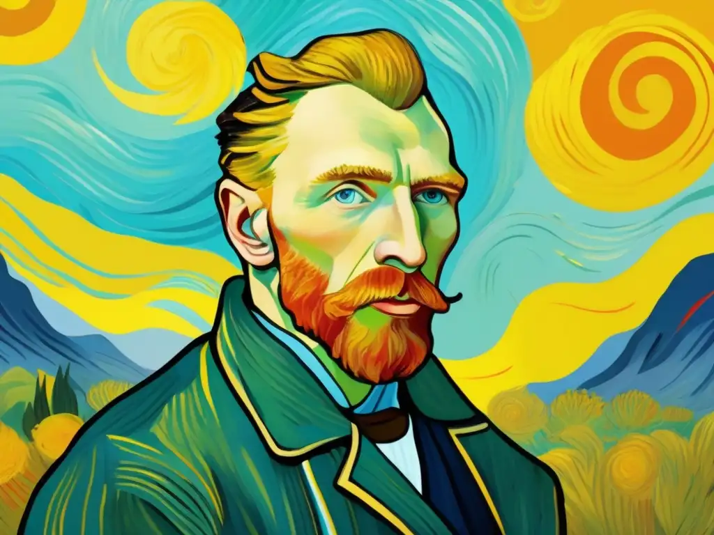 Una impresionante pintura digital de Van Gogh en su icónica pose, con colores vibrantes y pinceladas dinámicas que reflejan su intensidad artística