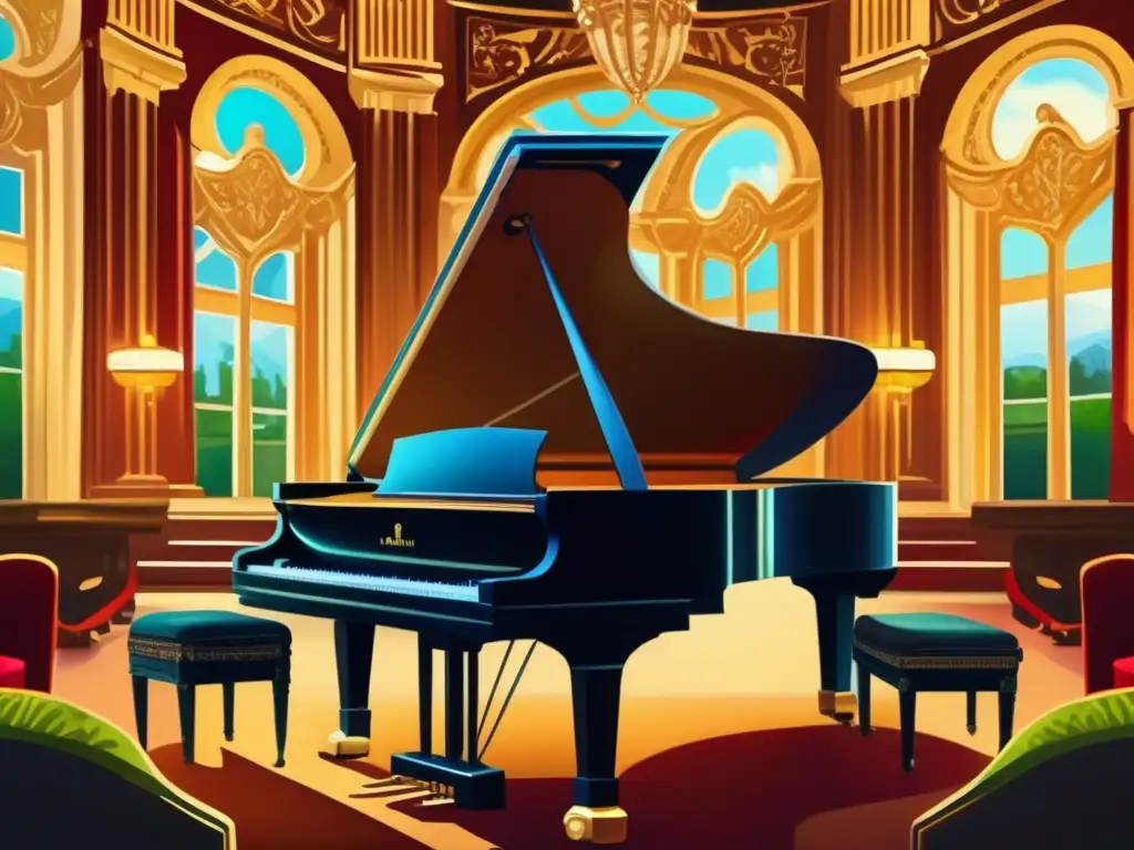 Una impresionante pintura digital de alta resolución de Sergei Rachmaninoff tocando el piano en un lujoso y opulento auditorio