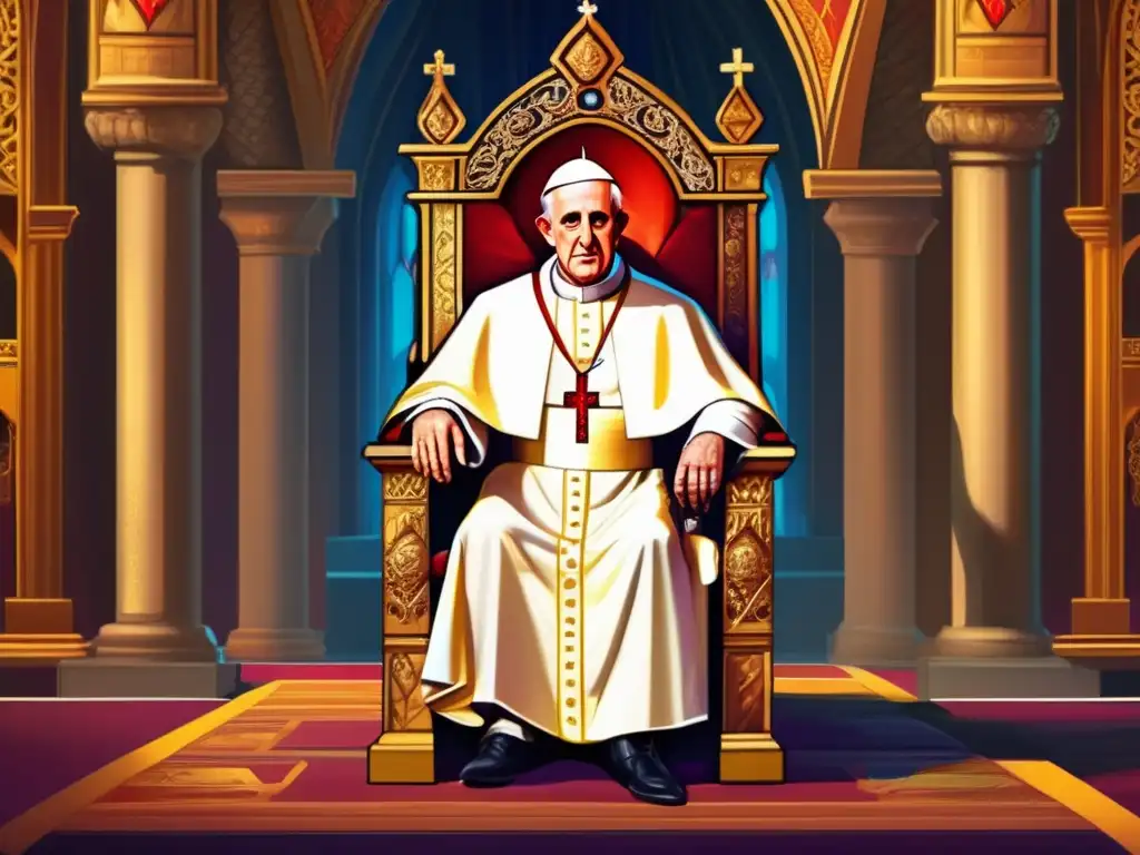 Una impresionante pintura digital del Papa Inocencio III en su trono papal, rodeado de arquitectura medieval, irradiando autoridad y sabiduría