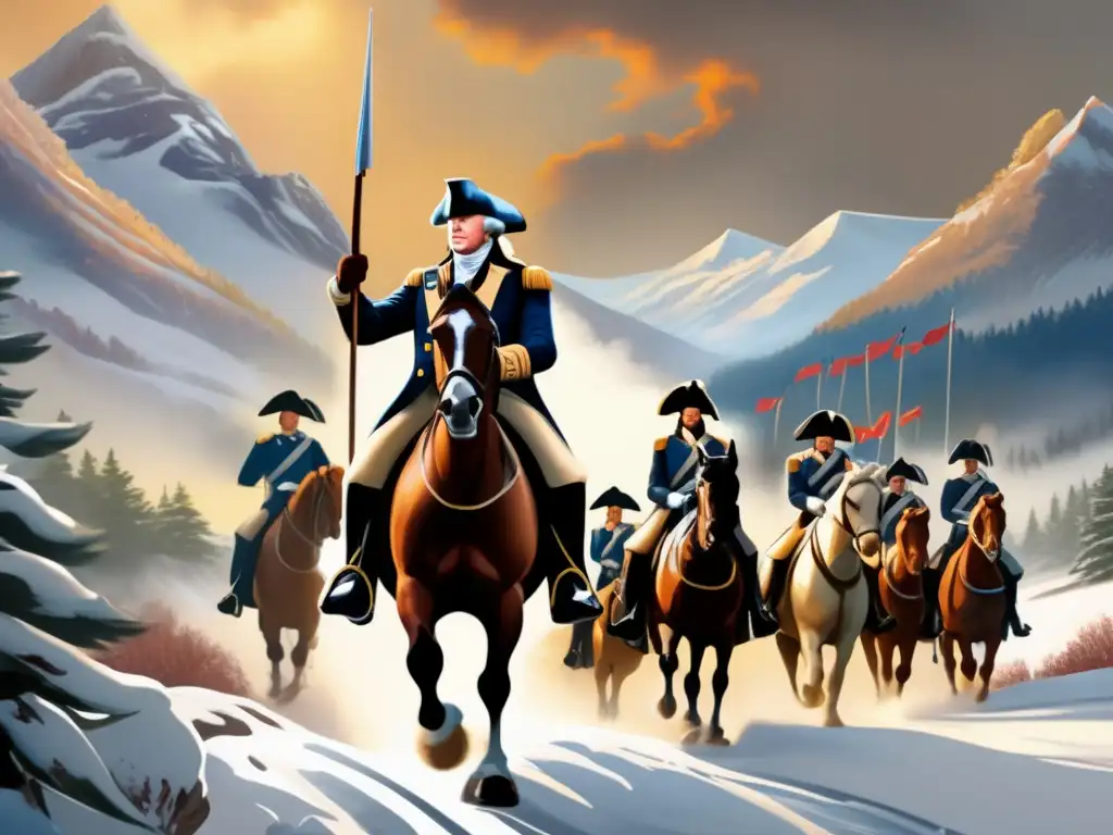 Una impresionante pintura digital de George Washington liderando sus tropas en un paisaje nevado y montañoso
