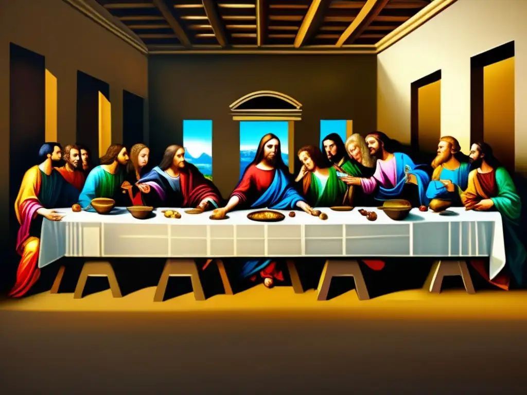 Una impresionante pintura digital de alta resolución de 'La última cena' de Leonardo da Vinci, con detalles intrincados y colores vibrantes que destacan su genio renacentista en el arte