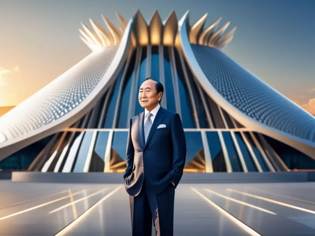 Con una impresionante presencia, Sun Myung Moon posa frente a un complejo religioso futurista
