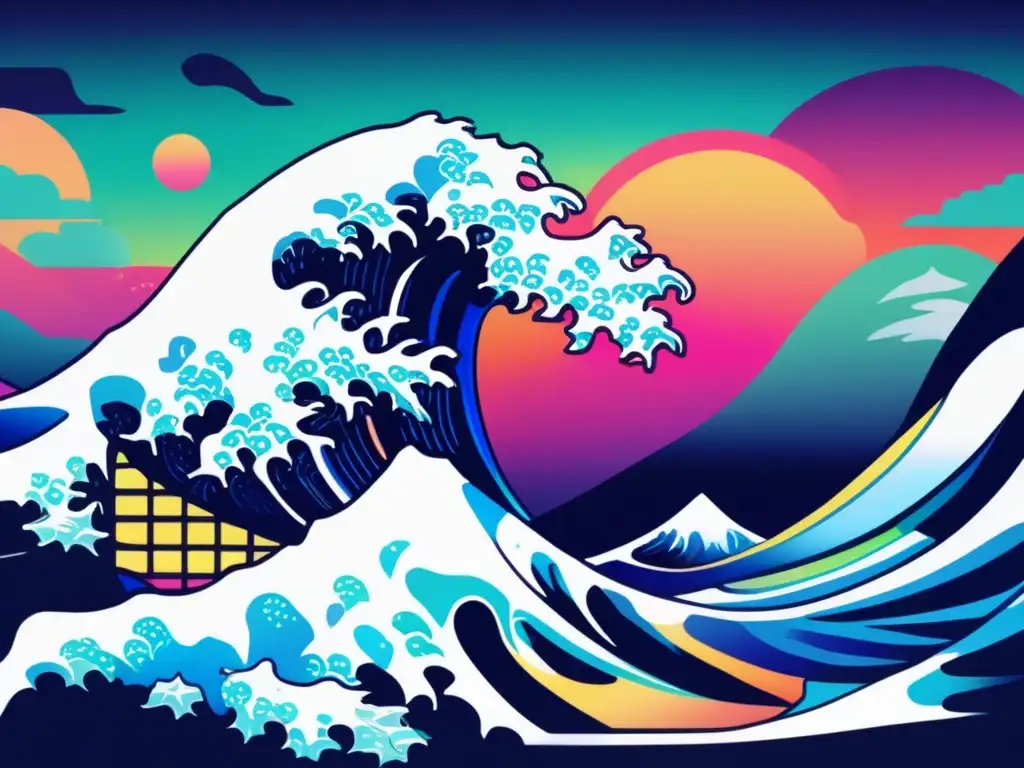 Una impresionante reinterpretación digital de 'La gran ola de Kanagawa' de Hokusai, con vibrantes colores neón y elementos futuristas