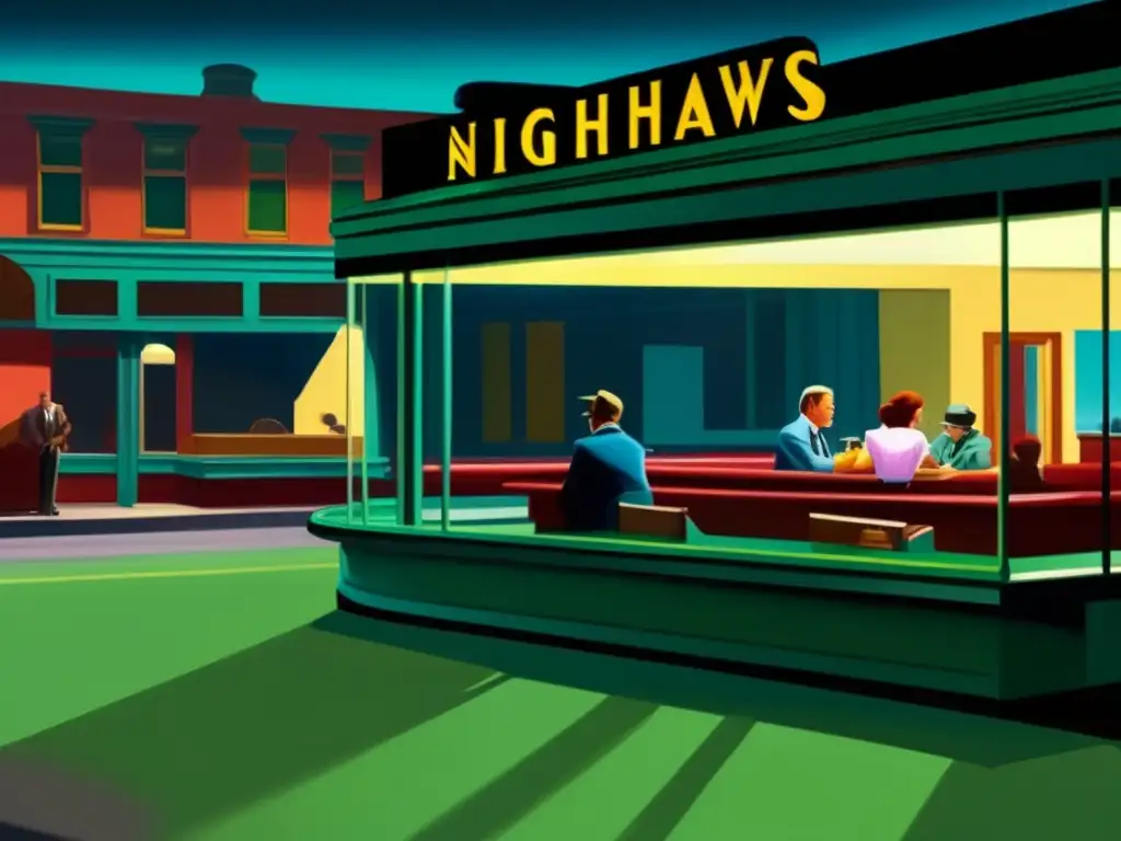 Una impresionante reinterpretación digital de la obra maestra 'Nighthawks' de Edward Hopper, capturando su atmósfera sombría con detalles intrincados y colores vibrantes