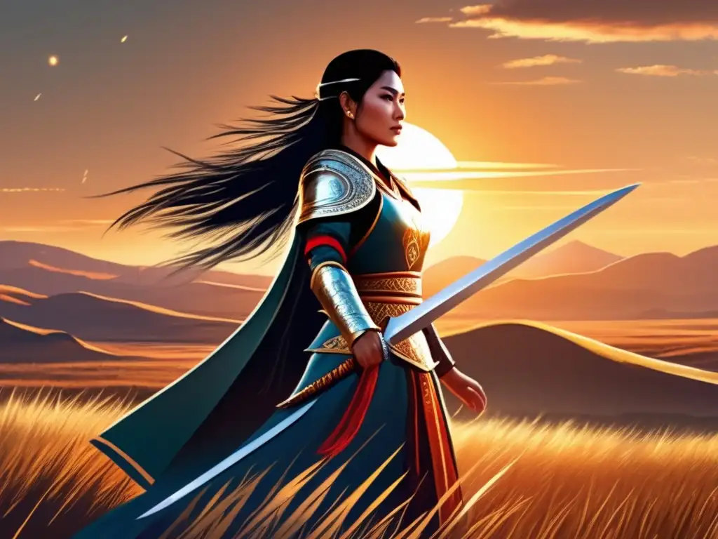 Una impresionante representación de arte digital de la Princesa Khutulun guerrera mongol, orgullosa en la llanura, con el sol poniéndose detrás de ella